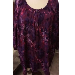 Catherines Womens Plus Size 4X Floral Print Elastic Neck Button Front Blouse Top